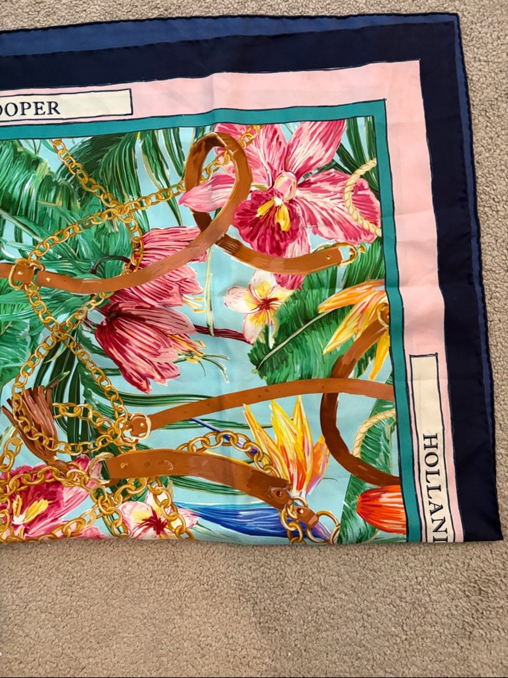 Holland Cooper Tropical Floral Silk Scarf in Aqua & Pink - Picture 3 of 6